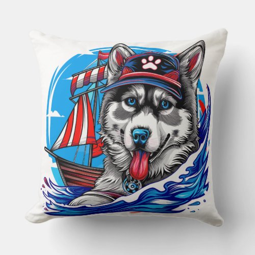 Patriotic Maritime Husky Malamute Dog San Diego Throw Pillow