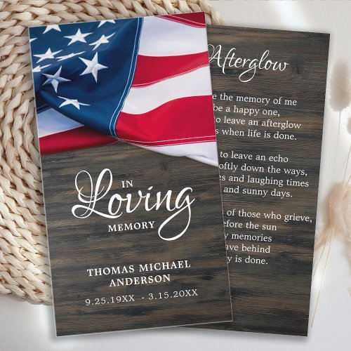 Patriotic Memorial Funeral Prayer Card US Flag