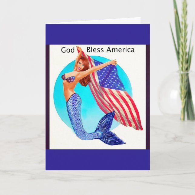 Patriotic Mermaid holding American Flag  Card (Front)