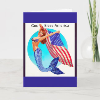 Patriotic Mermaid holding American Flag Card