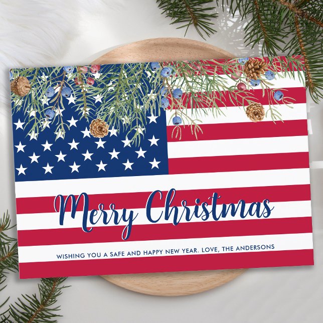Patriotic Merry Christmas American Flag Holiday Note Card (Creator Uploaded)