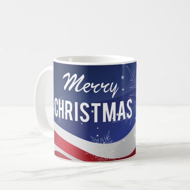 Patriotic Merry Christmas Flag With Snowflakes Coffee Mug (Front Left)