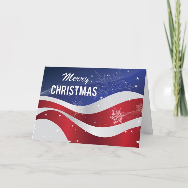 Patriotic Merry Christmas Flag With Snowflakes Holiday Card (Front)