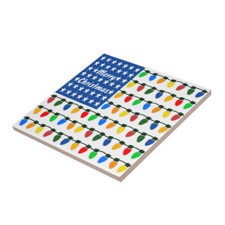 Patriotic Merry Christmas Holiday Light Bulbs Flag Ceramic Tile