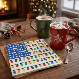 Patriotic Merry Christmas Holiday Light Bulbs Flag Ceramic Tile