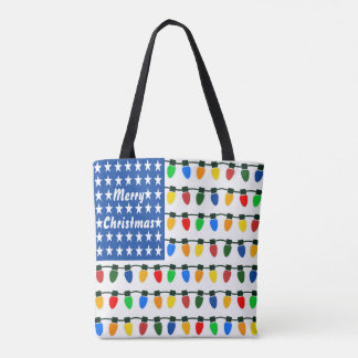 Patriotic Merry Christmas Holiday Light Bulbs Flag Tote Bag