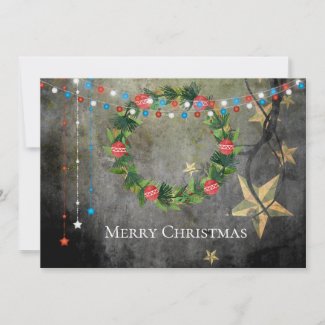 Patriotic Merry Christmas Stars n Lights, Wreath Holiday Card