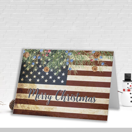 Patriotic Merry Christmas Vintage American Flag  Holiday Card