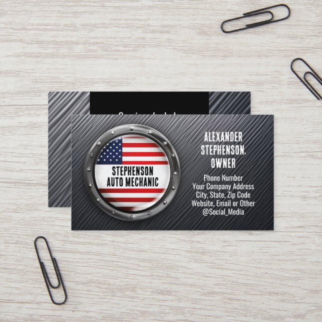Patriotic Metal American Flag Car Auto Mechanic Business Card (Front/Back In Situ)