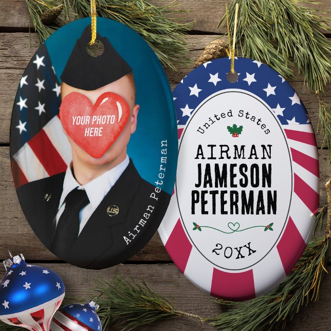 Patriotic Military Gift Photo Rank Name Christmas Ceramic Ornament (Airman, Soldier, Marine, Sailor, Seabee, Guardian, Patriotic USA Flag Military Mom Christmas gift)