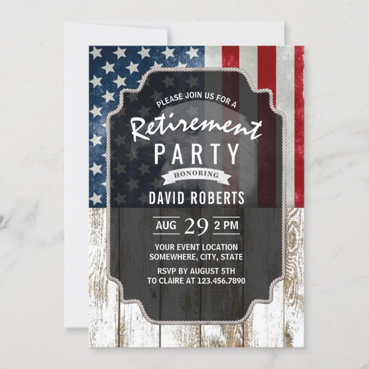 Patriotic Military Retirement Usa Flag Rustic Wood Invitation 