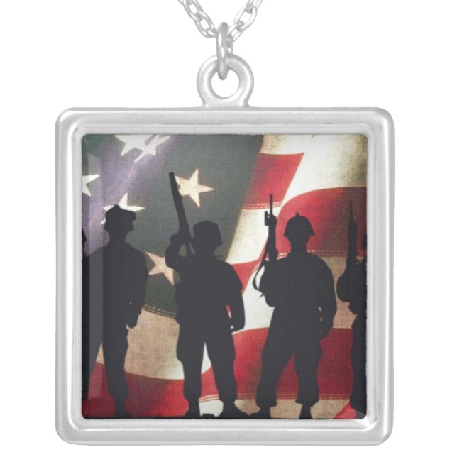 Patriotic Military Soldier Silhouette Silver Plated Necklace (Front)
