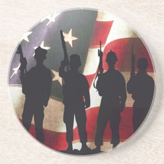 Patriotic Military Soldier Silhouettes on Flag Sandstone Coaster (Front)