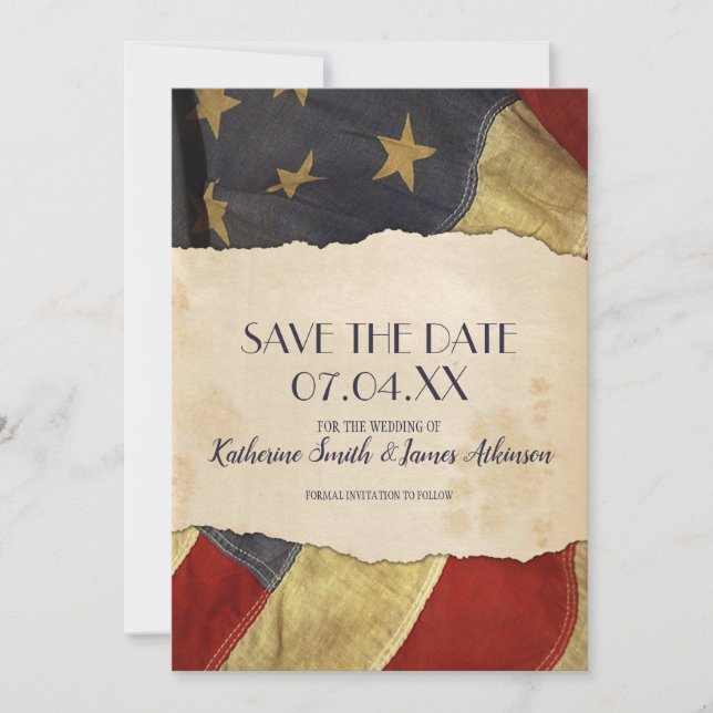 Patriotic Military Wedding Old USA Flag Save The Date (Front)