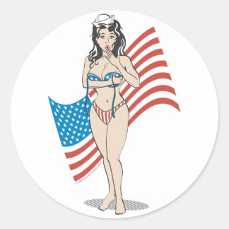 Patriotic military WWII pinup girl Classic Round Sticker