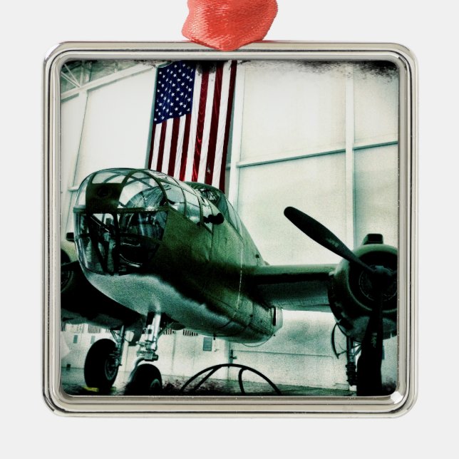 Patriotic Military WWII Plane with American Flag Metal Ornament (Front)