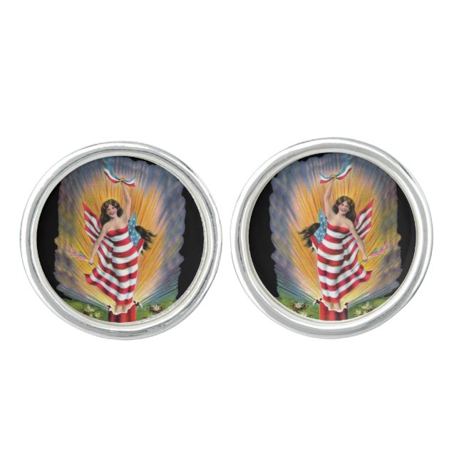 Patriotic Miss Lady Liberty USA Flag Fireworks Cufflinks (Front)