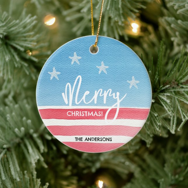 Patriotic Modern Watercolor Flag Ceramic Ornament (Tree)