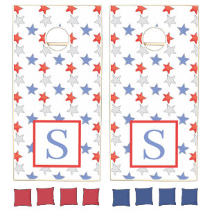 Patriotic Monogram Red White Blue Stars Cornhole Set