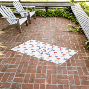 Patriotic Monogram Red White Blue Stars Outdoor Rug