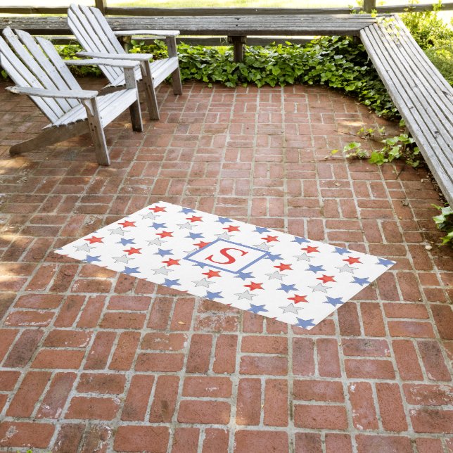 Patriotic Monogram Red White Blue Stars Outdoor Rug (Insitu (Outdoor 3))
