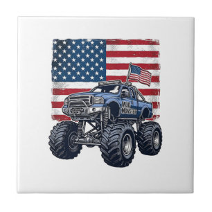 Patriotic Monster Truck Vintage Engraving Design_1 Ceramic Tile
