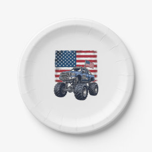Patriotic Monster Truck Vintage Engraving Design_1 Paper Plates