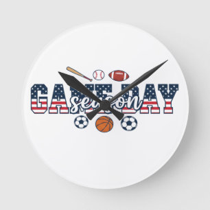 Patriotic Multi Sport Game Day Season American Fla Round Clock