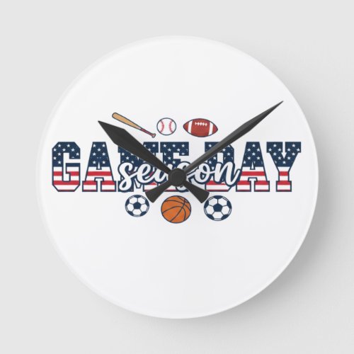 Patriotic Multi Sport Game Day Season American Fla Round Clock