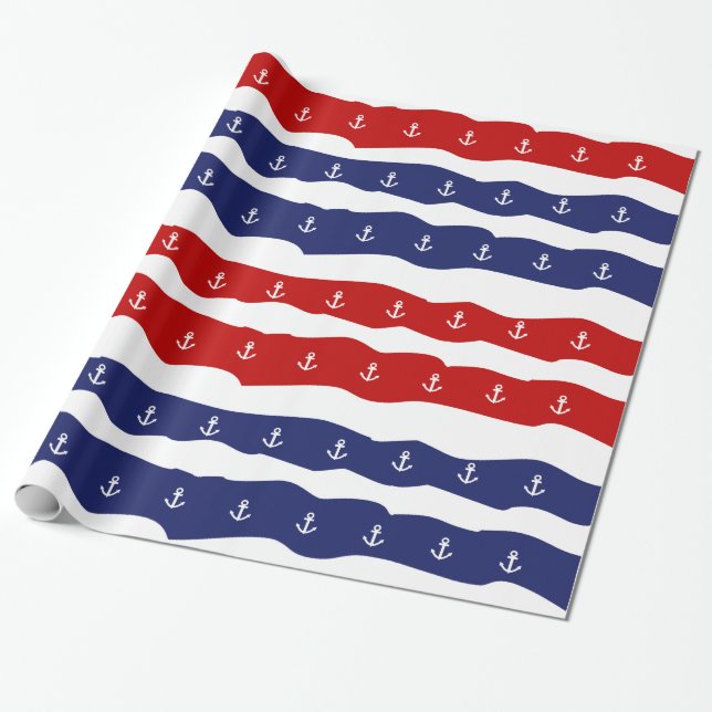 Patriotic Nautical Anchors Red White and Blue Wrapping Paper (Unrolled)
