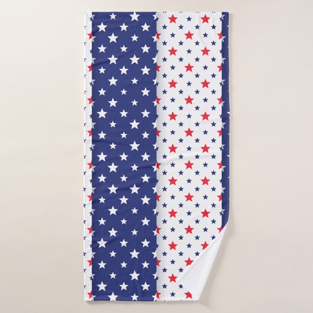 Patriotic Navy and Red Star Pattern  Bath Towel (A vibrant beach towel featuring alternating red, white and blue stars. )