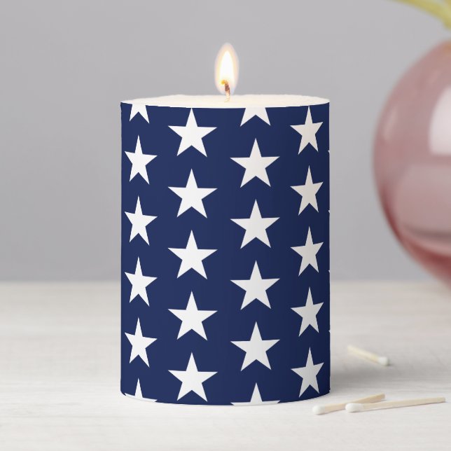Patriotic navy blue and white stars modern holiday pillar candle (In Situ)