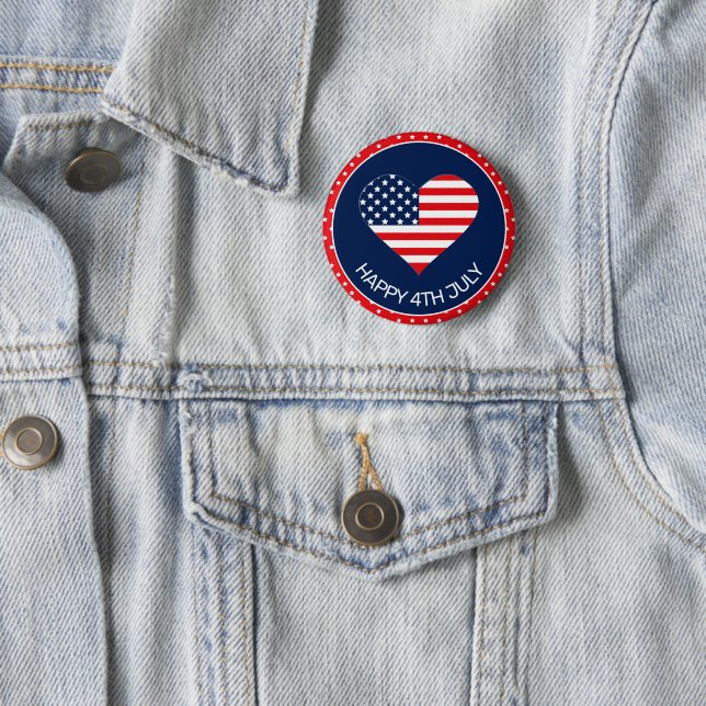 Patriotic Navy Blue, USA Flag Heart 4th July Button (In Situ)