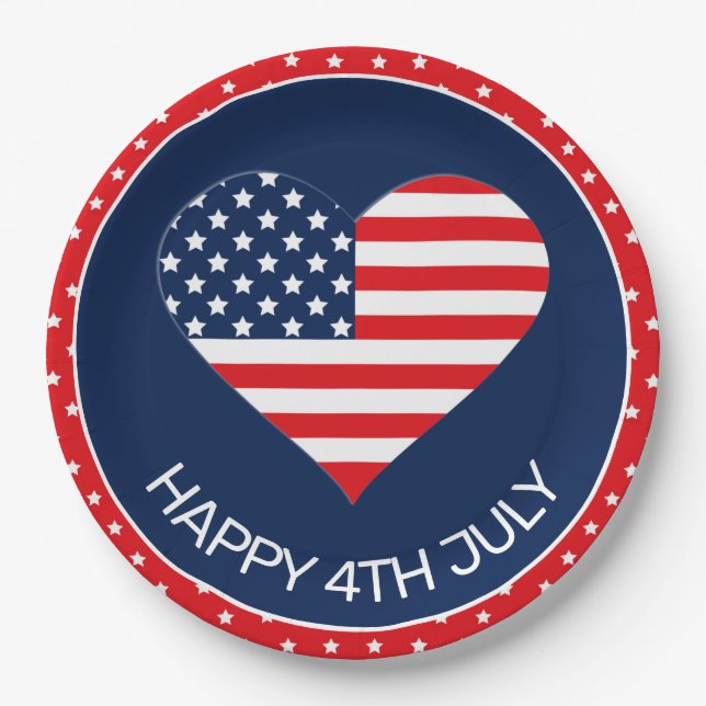 Patriotic Navy Blue, USA Flag Heart 4th July Paper Plates (Front)