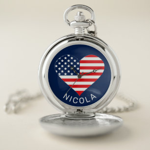 Patriotic Navy Blue, USA Flag Heart Pocket Watch
