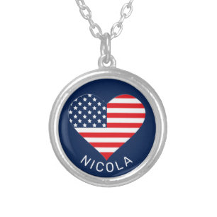 Patriotic Navy Blue, USA Flag Heart Silver Plated Necklace