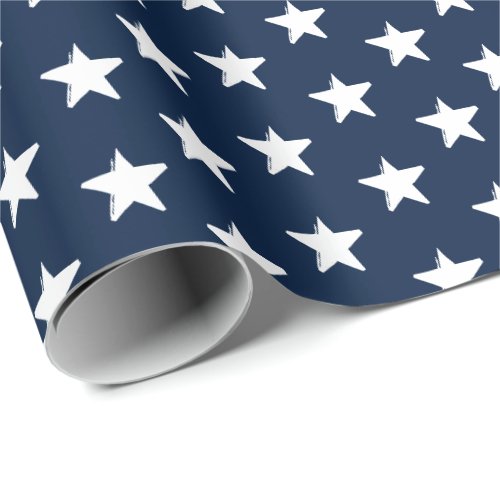 Patriotic navy blue white stars pattern modern wrapping paper