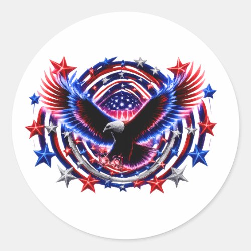 Patriotic Neon Eagle Burst – Red White & Blue Free Classic Round Sticker