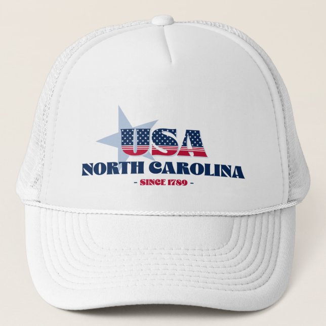 Patriotic North Carolina Typography Trucker Hat (Front)