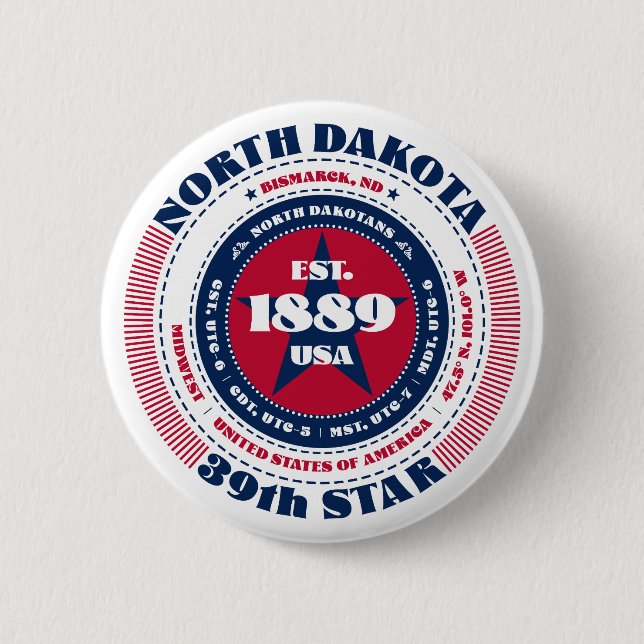 Patriotic North Dakota Circle with State Details Button (Front)