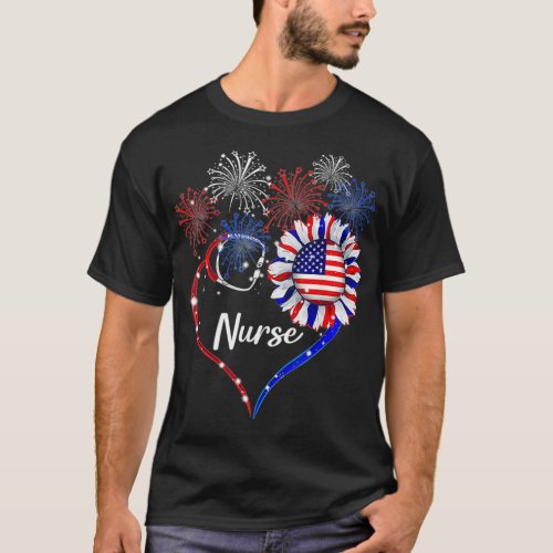 Patriotic Nurse 4th Of July American Flag Sunflowe T_Shirt