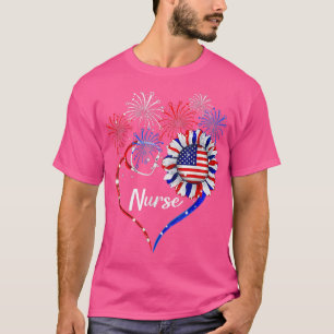 Patriotic Nurse 4th Of July American Flag Sunflowe T-Shirt