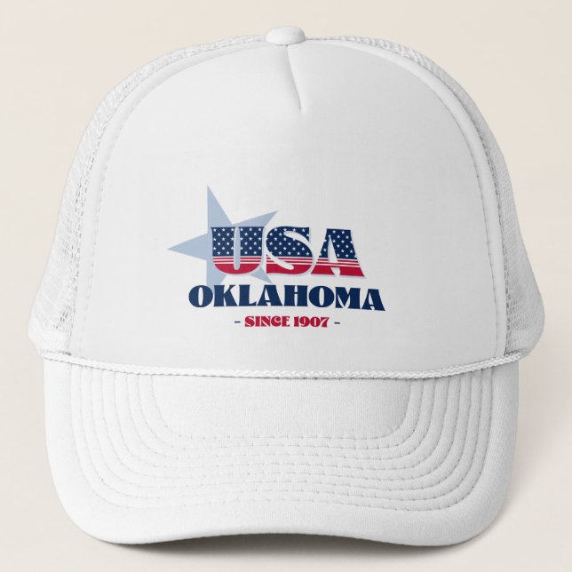 Patriotic Oklahoma Typography Trucker Hat (Front)