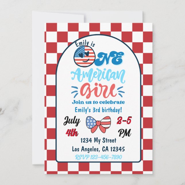 Patriotic One American Girl Birthday Invitation (Front)