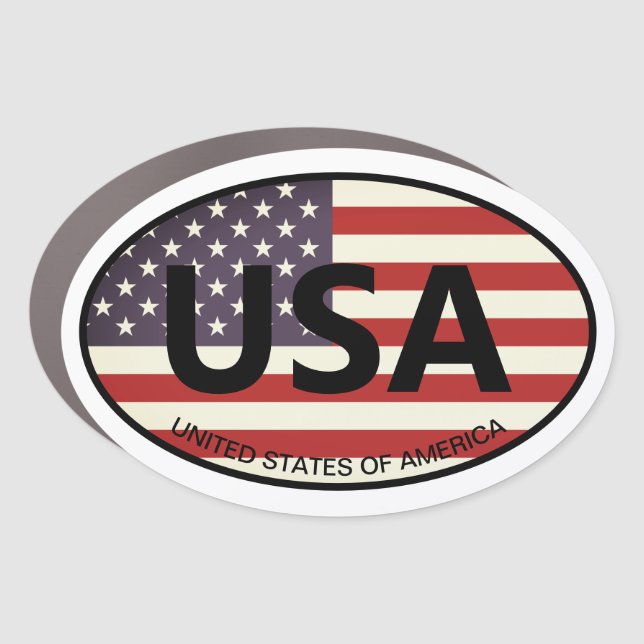 Patriotic oval American flag USA country code Car Magnet (Front)