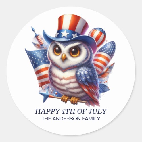 Patriotic Owl Top Hat Red White Blue 4th July  Classic Round Sticker