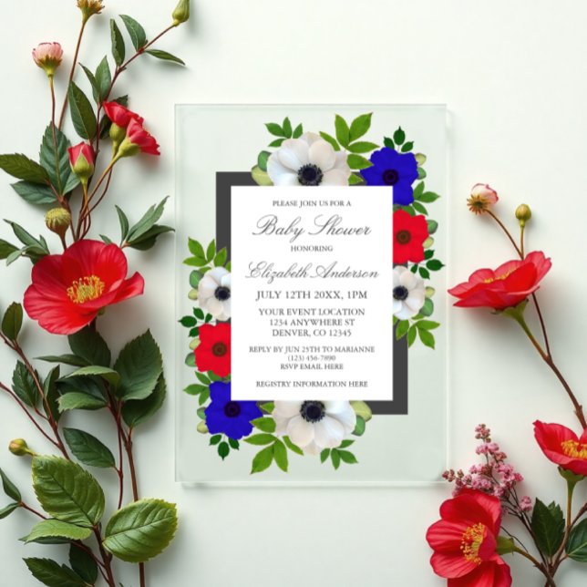 Patriotic Panda Anemone Baby Shower Acrylic Invitations (Creator Uploaded)
