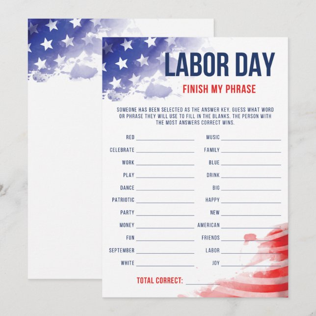 Patriotic Party Game US Labor Day Finish My Phrase (Front/Back)