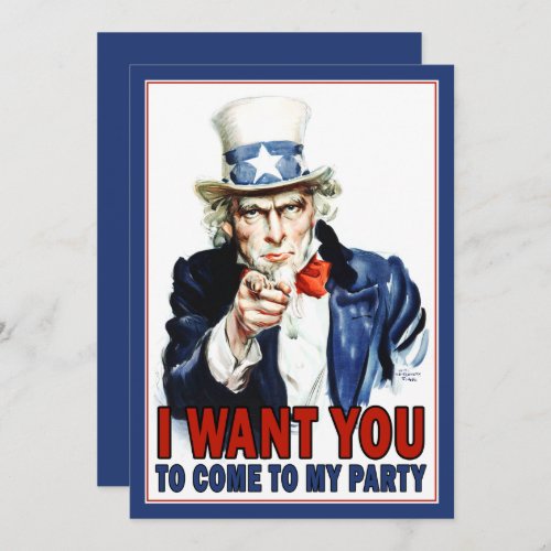 Patriotic Party Invitation: Vintage Uncle Sam Invitation - Invitation is customizable. You can change the text and the font in the edit area. For complete customization, click on the customize this button.