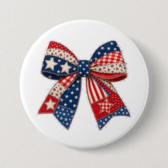 Patriotic Patchwork Bow with Stars, Stripes Button (Front)
